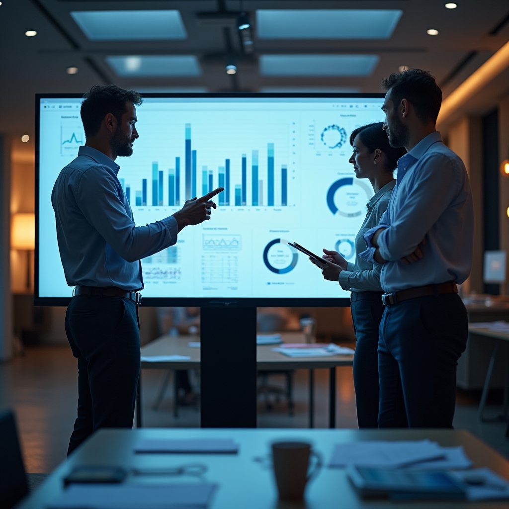 Tým diskutuje nad datovým dashboardem při rozhodovací schůzce